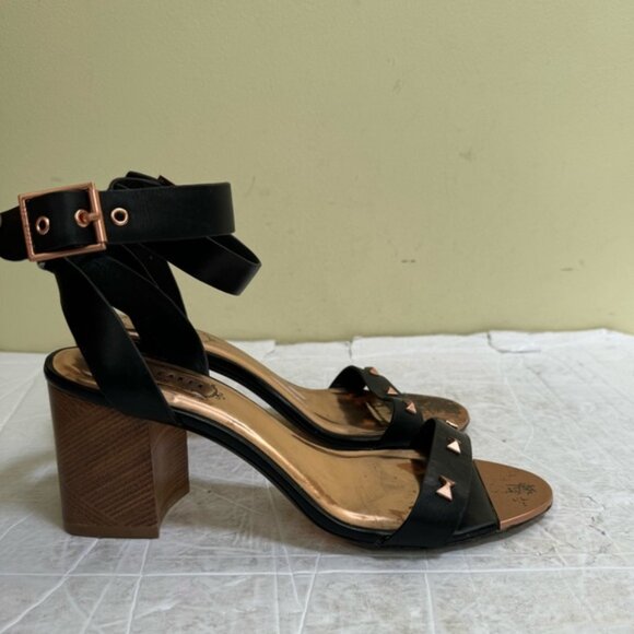 Ted Baker Biah Leather Ankle Strap Block Heel Rose Gold Bow Studs Sandal Shoe 38 - Picture 15 of 16